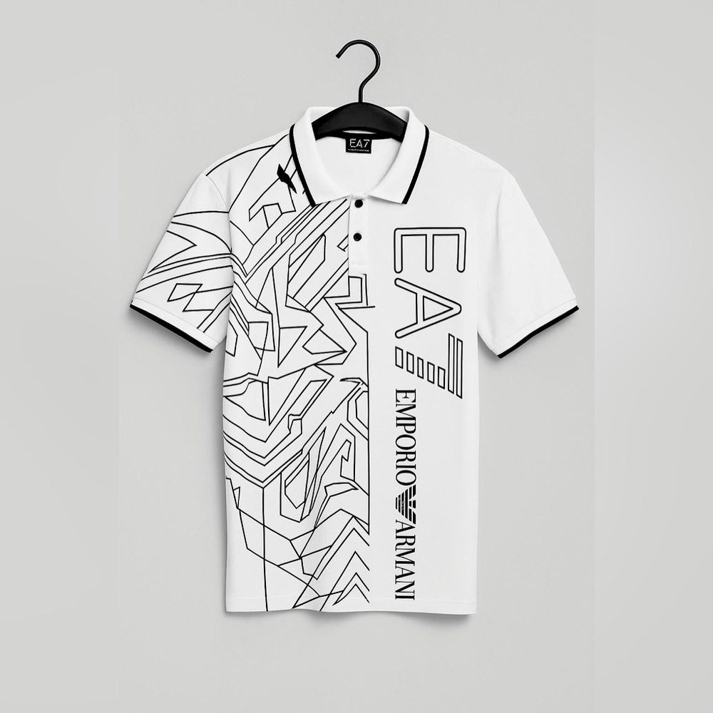 White EA7 tee with bold graphic print. All sizes available.